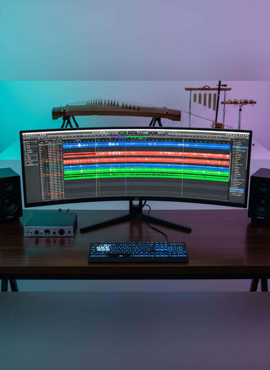 A large, ultra-wide computer monitor displays an intricate digital audio workstation session with multiple colored tracks for film score, sound design, and Chinese instrumental layers. The monitor rests on a minimalist dark wood desk, flanked by compact reference speakers and a small collection of traditional Chinese instruments on stands in the background, including a guzheng and erhu. Soft, cool-toned ambient LED lighting washes the wall behind the desk, while the monitor casts a subtle glow on the keyboard and audio interface. Photographed from a slightly elevated angle, the composition balances the screen in the center with instruments blurred in the background, creating depth. The mood is modern, creative, and technical, with photographic realism highlighting multimedia music production.