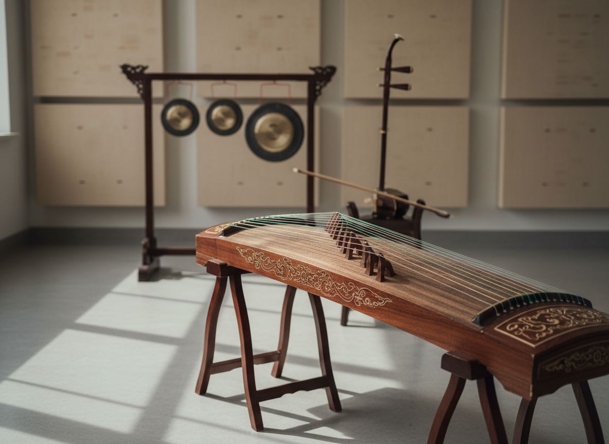 A meticulously arranged cluster of traditional Chinese instruments is displayed in a quiet scoring room: a rich rosewood guzheng with delicately carved patterns, a glossy erhu resting on a stand, and a set of small bronze gongs hanging from a dark wooden frame. They sit on a smooth, neutral-toned floor against an understated acoustic-panel wall. Soft, directional side lighting from a hidden window creates gentle highlights on wood grain and metal surfaces, casting elegant, elongated shadows that suggest calm and focus. Shot at eye level with a moderate depth of field, the guzheng occupies the foreground in crisp detail while the other instruments recede slightly. The mood is contemplative, refined, and culturally rich, captured with photographic realism to emphasize the Chinese music specialty.
