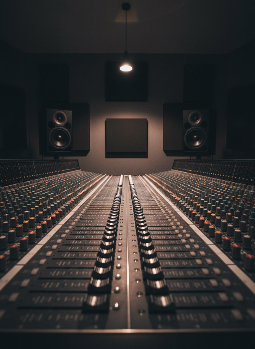 A meticulously organized mixing console stretches into the distance, every fader, knob, and LED indicator sharply defined. The console sits in a dimly lit control room, surrounded by large studio monitors and a wall of sound-absorbing panels in muted charcoal tones. A single, warm overhead spotlight illuminates the center section of the board, creating a dramatic pool of light and subtle gleam on brushed metal surfaces while the edges fall into soft shadow. Captured from a low, slightly angled perspective with shallow depth of field, the foreground faders are in crisp focus as the background dissolves into a gentle bokeh. The atmosphere is precise, technical, and refined, emphasizing professional sound engineering in photographic realism.