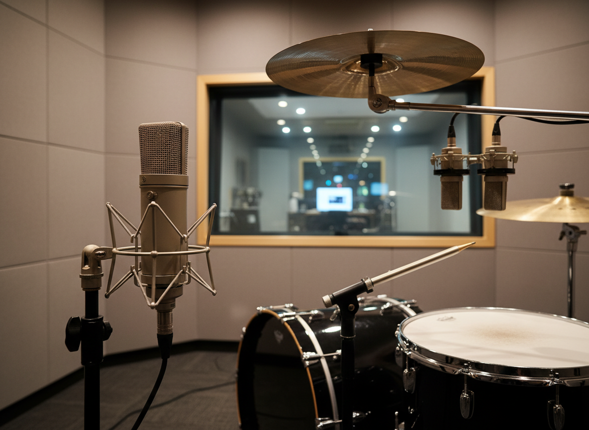 A collection of high-quality microphones, including a large-diaphragm condenser in brushed nickel, a slim pencil condenser, and a compact stereo pair, is carefully positioned around a glossy black concert drum and a suspended cymbal in an isolation booth. The room features neutral acoustic panels and a double-glazed window revealing a blurred control room beyond. Focused, warm spotlights from above illuminate the metallic microphone grilles and cymbal surface, creating fine specular highlights and clean, controlled shadows on the drum shell. Photographed close-up from a slightly low angle, the primary microphone dominates the foreground in razor-sharp detail while the rest of the kit softens into the background. The mood is meticulous, technical, and quietly intense, with photographic realism underscoring professional recording for multimedia projects.