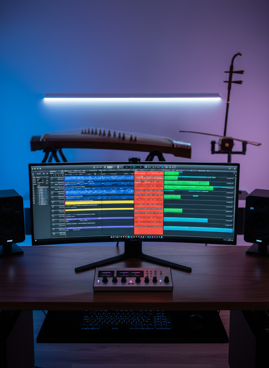 A large, ultra-wide computer monitor displays an intricate digital audio workstation session with multiple colored tracks for film score, sound design, and Chinese instrumental layers. The monitor rests on a minimalist dark wood desk, flanked by compact reference speakers and a small collection of traditional Chinese instruments on stands in the background, including a guzheng and erhu. Soft, cool-toned ambient LED lighting washes the wall behind the desk, while the monitor casts a subtle glow on the keyboard and audio interface. Photographed from a slightly elevated angle, the composition balances the screen in the center with instruments blurred in the background, creating depth. The mood is modern, creative, and technical, with photographic realism highlighting multimedia music production.