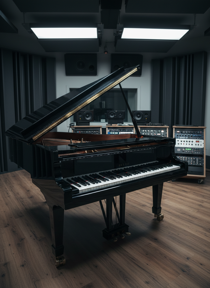 A sleek, black grand piano with open lid revealing polished strings and hammers, its lacquered surface reflecting subtle highlights, stands in the center of a modern recording studio. Around it, dark acoustic panels and softly glowing LED-backlit racks of high-end audio gear frame the scene. Cool, diffused studio lighting from above creates gentle reflections on metal knobs and piano keys, casting soft, controlled shadows on a matte hardwood floor. Photographed at eye level with a slightly wide angle, the composition uses the rule of thirds to keep the piano dominant while blurred studio equipment fills the background. The mood is professional, focused, and cinematic, with photographic realism and a clean, contemporary aesthetic suitable for a serious music portfolio homepage.