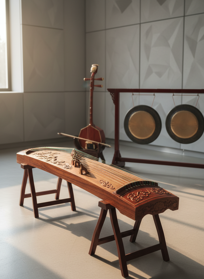 A meticulously arranged cluster of traditional Chinese instruments is displayed in a quiet scoring room: a rich rosewood guzheng with delicately carved patterns, a glossy erhu resting on a stand, and a set of small bronze gongs hanging from a dark wooden frame. They sit on a smooth, neutral-toned floor against an understated acoustic-panel wall. Soft, directional side lighting from a hidden window creates gentle highlights on wood grain and metal surfaces, casting elegant, elongated shadows that suggest calm and focus. Shot at eye level with a moderate depth of field, the guzheng occupies the foreground in crisp detail while the other instruments recede slightly. The mood is contemplative, refined, and culturally rich, captured with photographic realism to emphasize the Chinese music specialty.